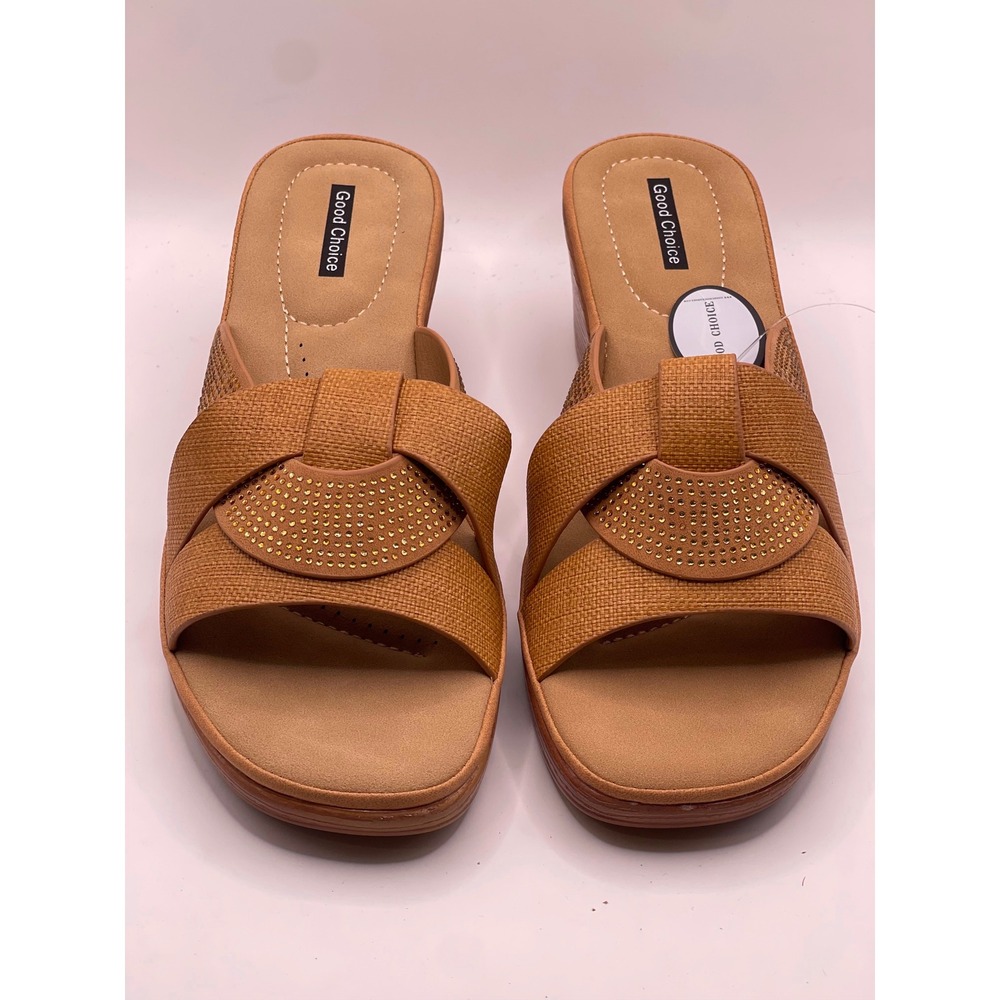 Good Choice Molane Tan Wedge Sandals Rhinestone Studded Slide Shoes Womens 10